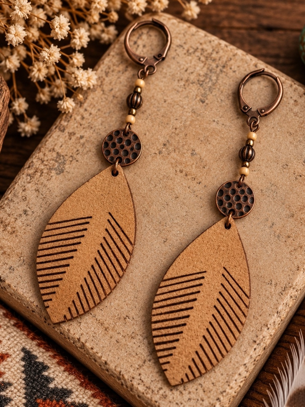 Handcrafted Brown Leaf Drop Earrings Lightweight Boho Western Indigenous New